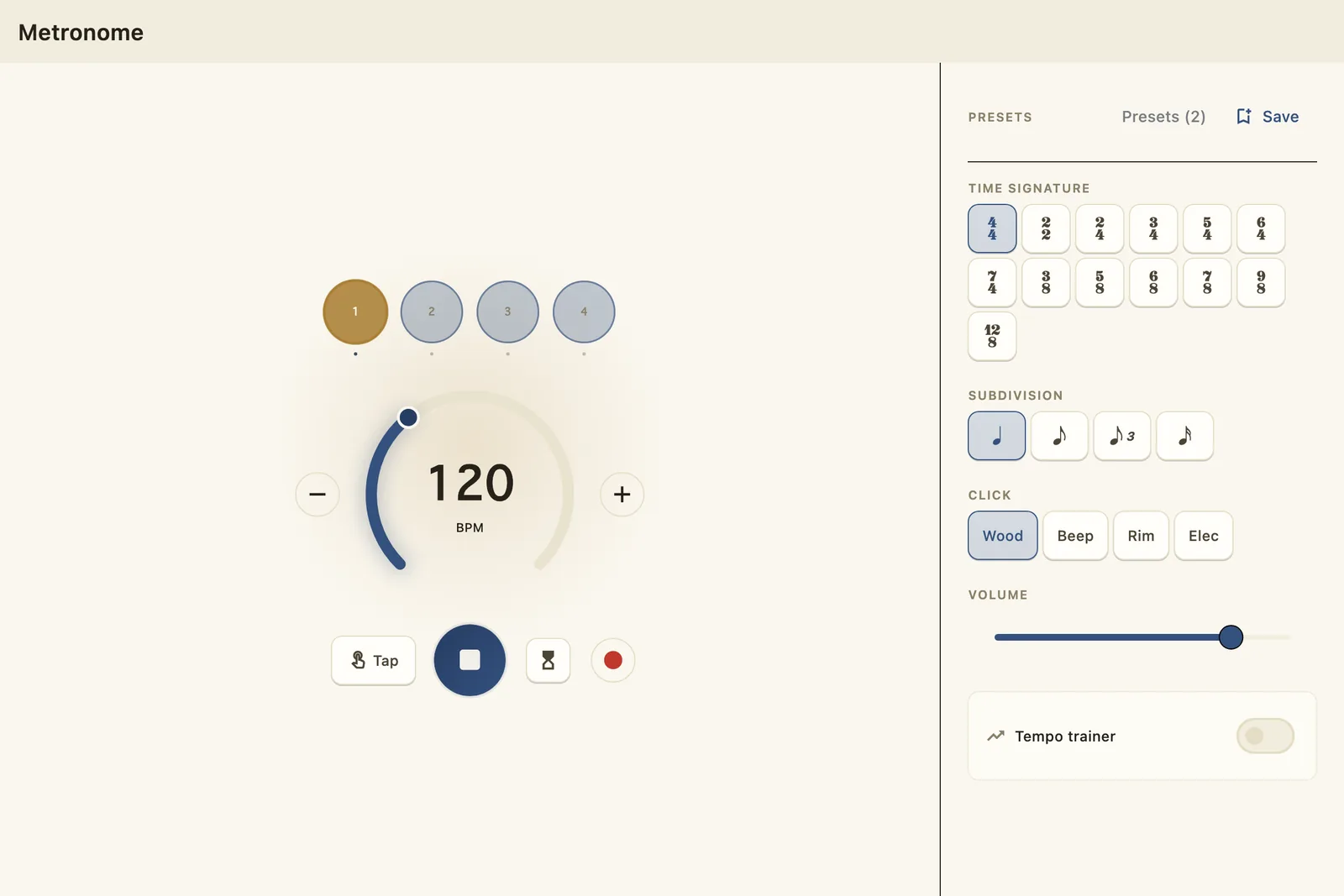The metronome running at 120 BPM: the downbeat blooming gold across a four-beat row, a large tempo dial, and a bench of time signatures, subdivisions, click voices, and presets.