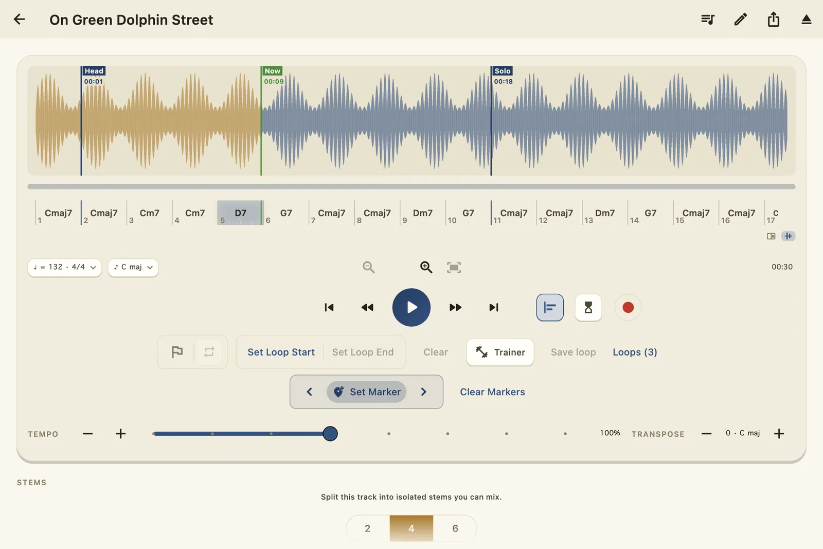 The chord ribbon in Snap mode: detected chords Cmaj7, Cm7, D7, G7, Dm7 laid bar by bar under the waveform, with the detected key badge reading C major.