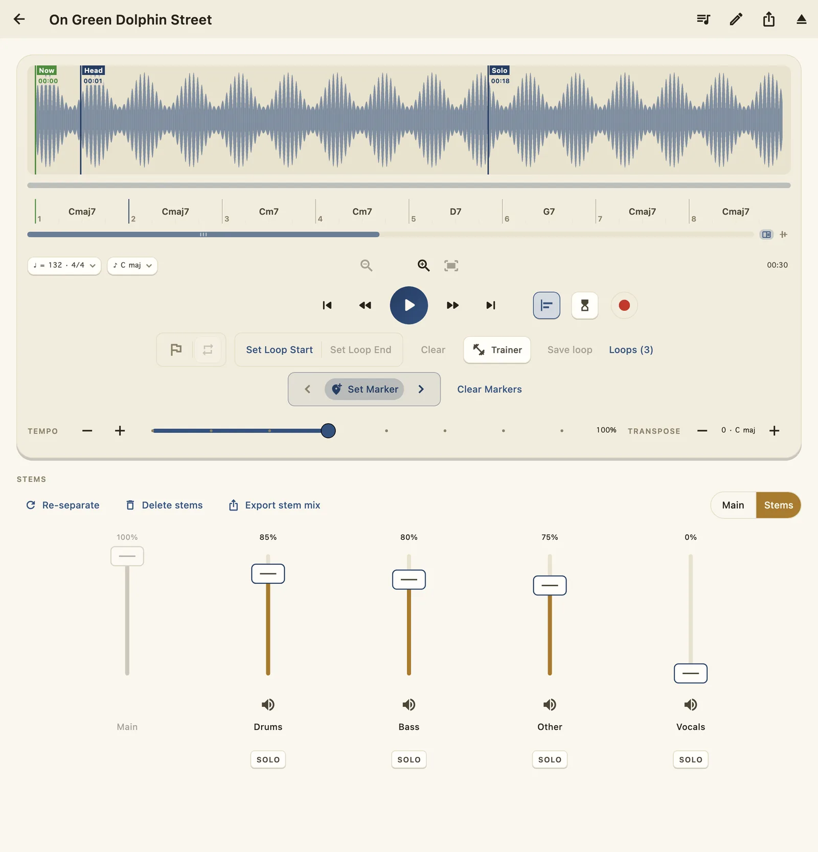 The instant backing track: the Vocals fader at zero, the rest of the band balanced, and the Export stem mix button in the mixer header.