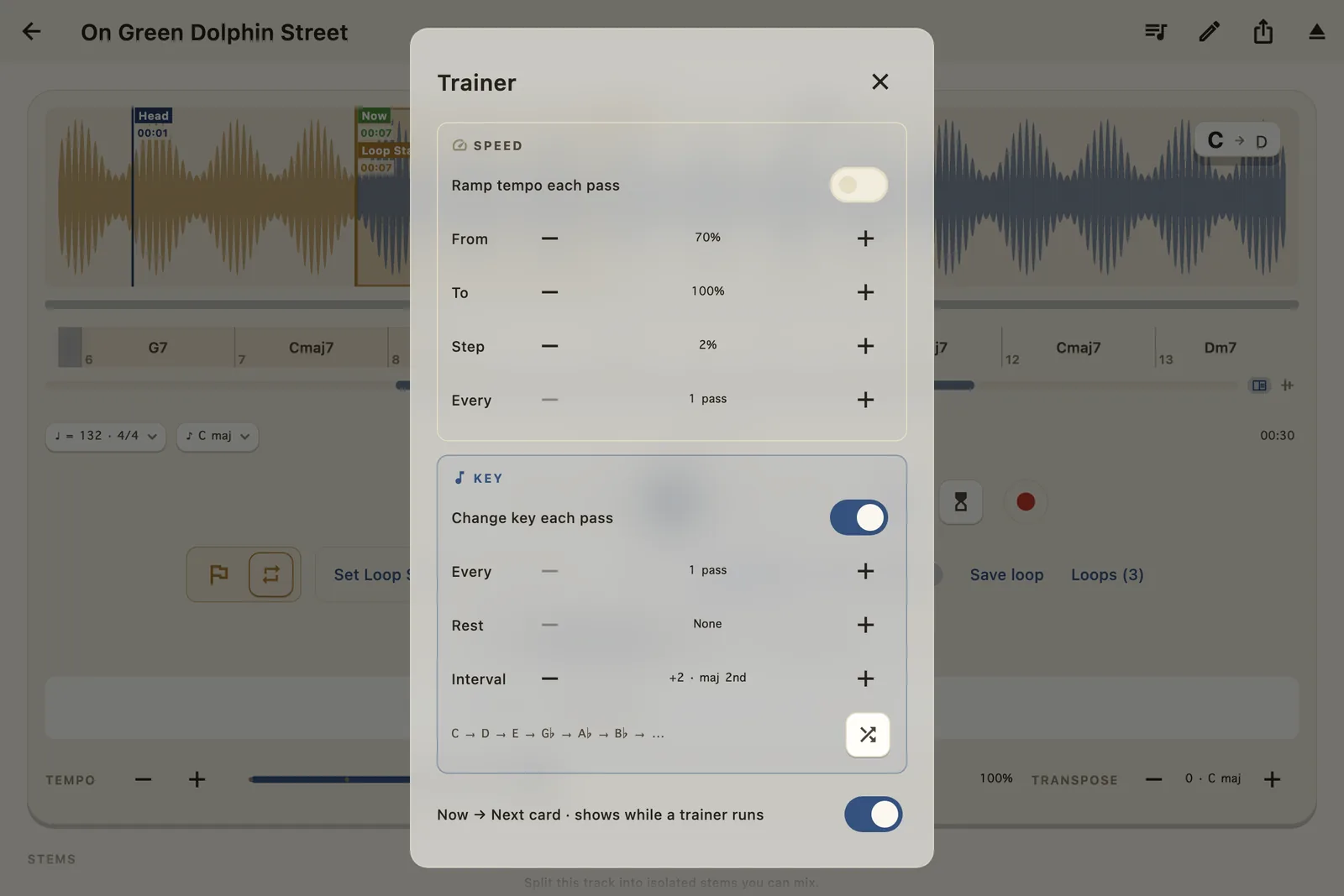 The Trainer hub: a Speed section with From, To, Step and Every steppers, and an armed Key section set to an interval of a major 2nd every pass, with the path preview C, D, E onward.
