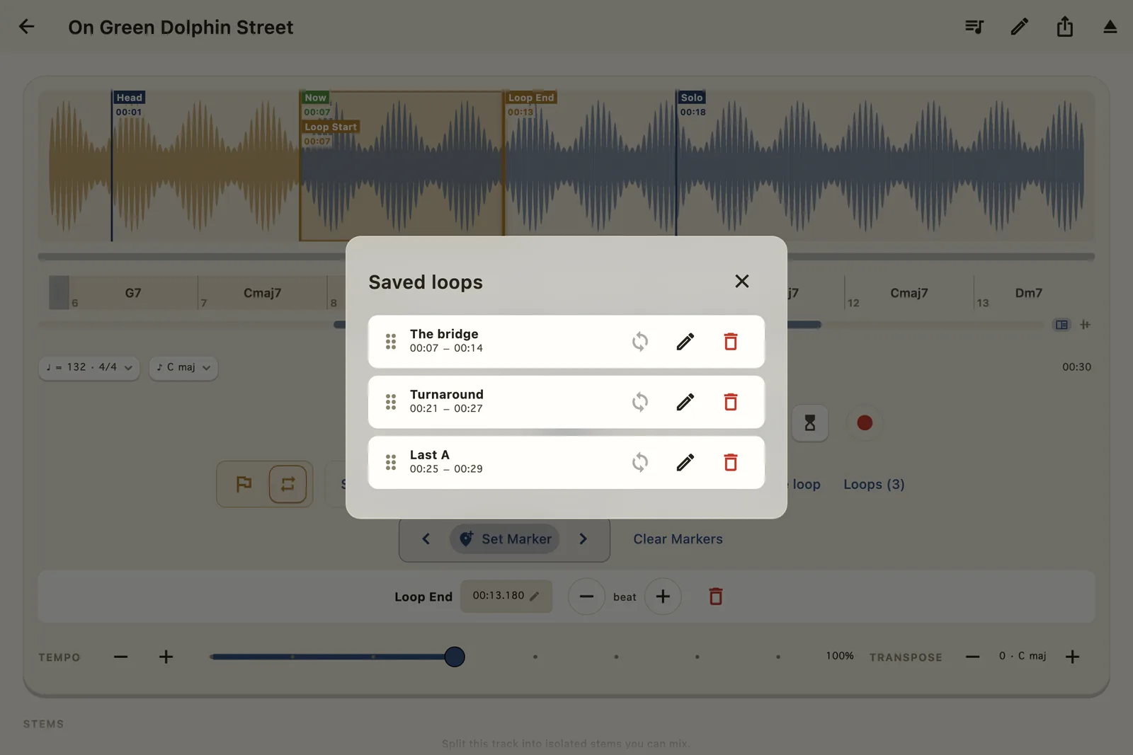 The Saved loops panel listing The bridge, Turnaround, and Last A with their time ranges — tap to load, drag to reorder.