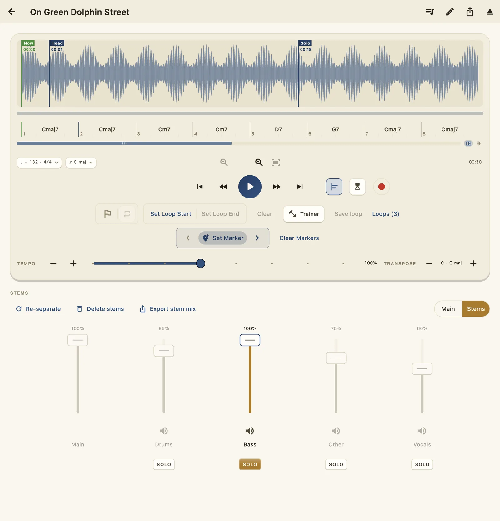The stems mixer: five channel strips — Main, Drums, Bass, Other, Vocals — with the Bass solo lit and faders set to a live balance.