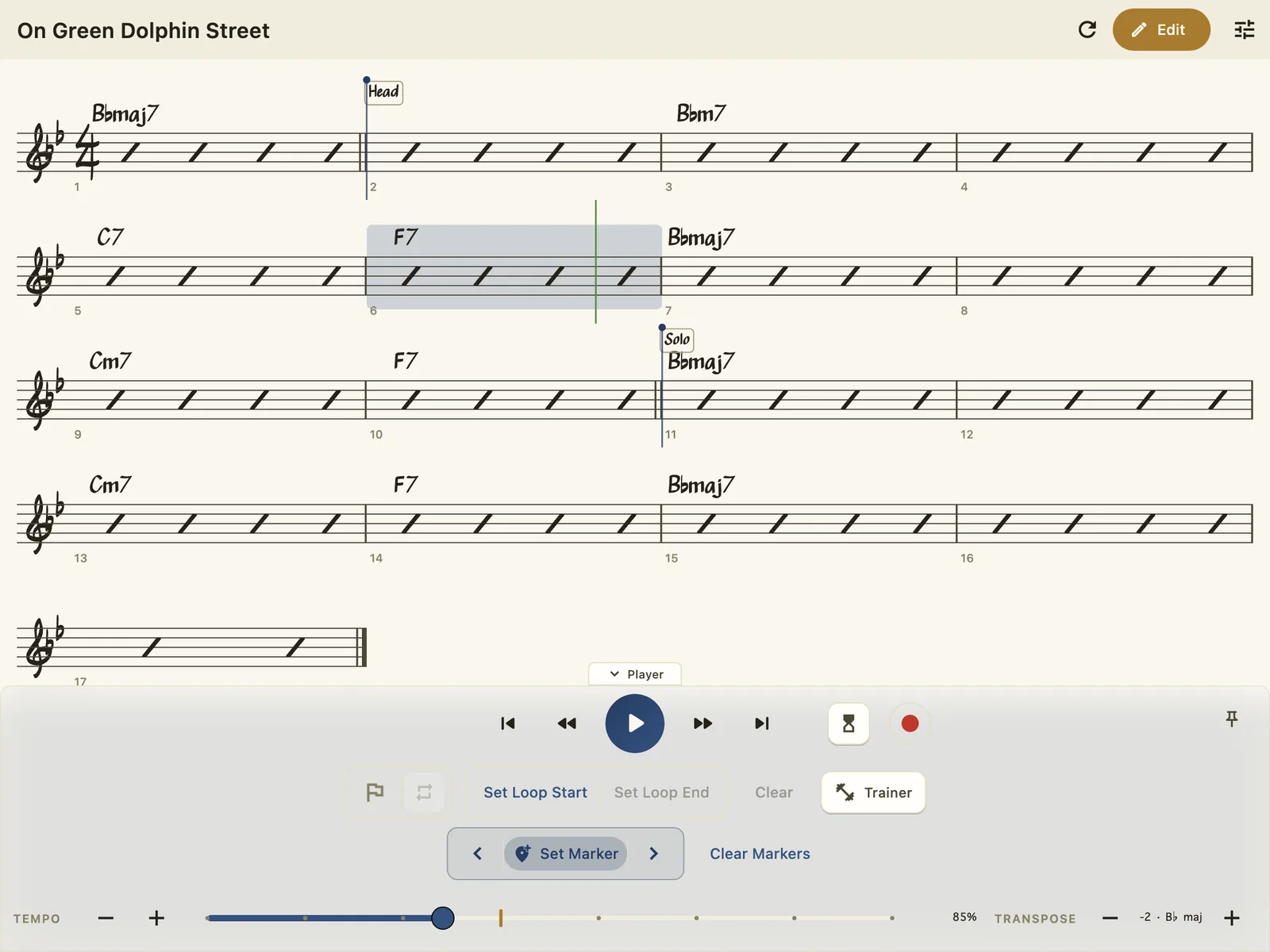 The Staff View transposed down two half steps: the entire chart re-engraved in B flat — key signature, every chord symbol — with the playback row reading 85 percent and minus 2.