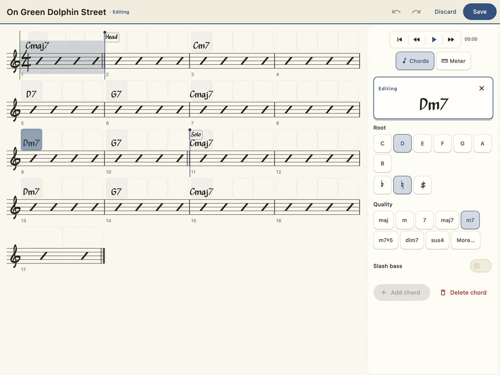 Edit mode on the Staff View: a Dm7 selected with a glow, and the docked chord palette inspecting it — root picker on D, quality on m7, slash bass toggle, Add and Delete chord.