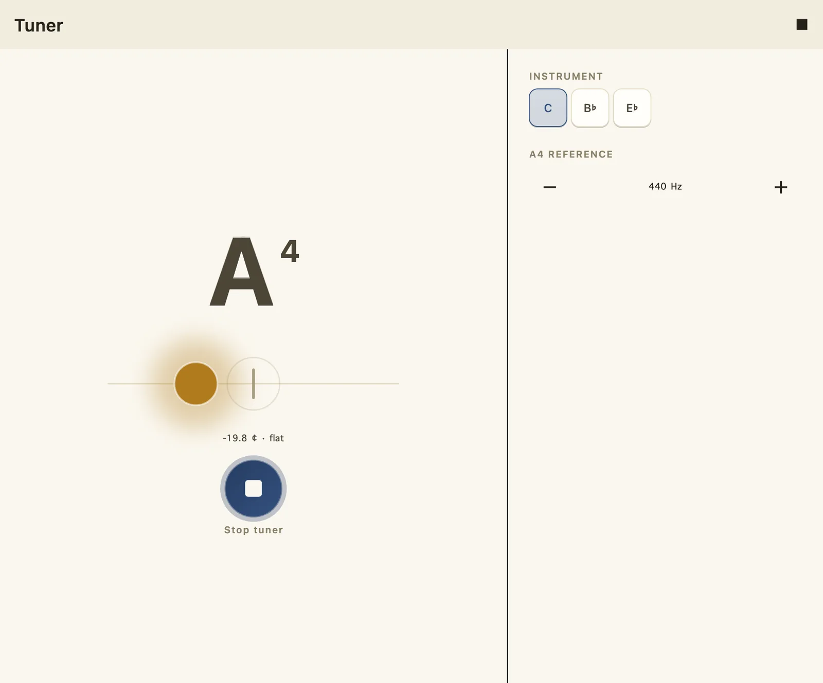 The tuner reading 19.8 cents flat: the pitch orb sitting amber to the left of the target ring.